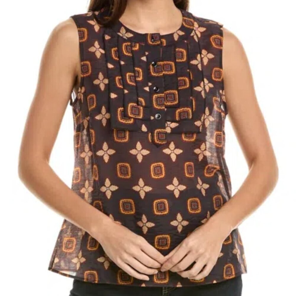 CAbi Louis sleeveless blouse brown tribal graphic pleated ruffle Tuxedo new M